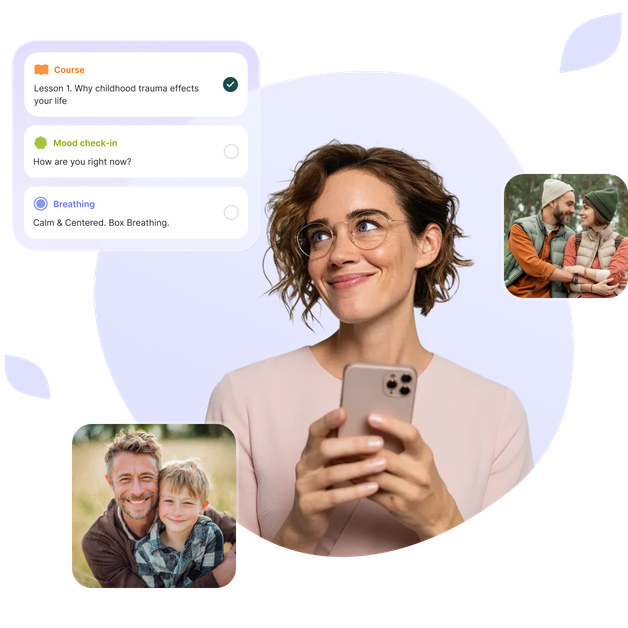 Smiling woman using a Wellverse app on her phone, with a view of a course, breathing exercises and family relationships